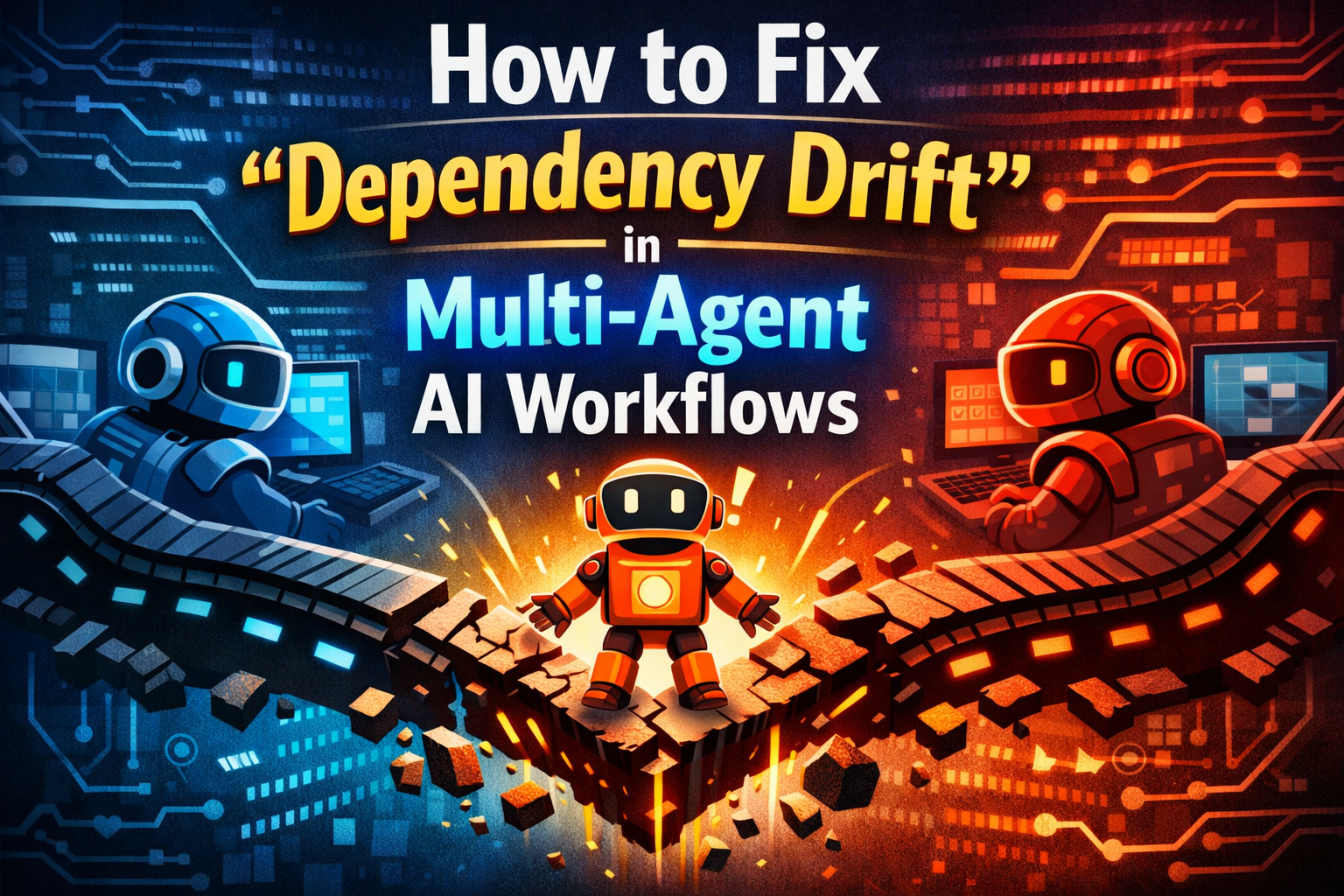 Diagram of a multi-agent AI workflow experiencing dependency drift and communication errors